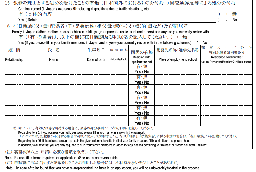 在留期間更新許可申請書の見本